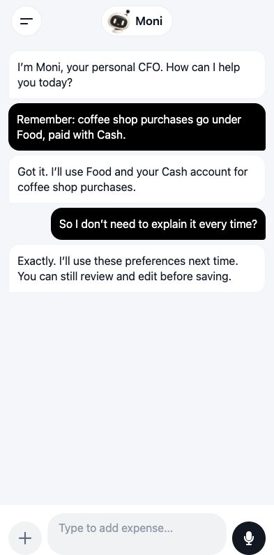 Moni chat, example conversation