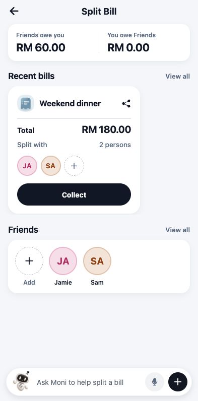 Split bills in the app, example bill
